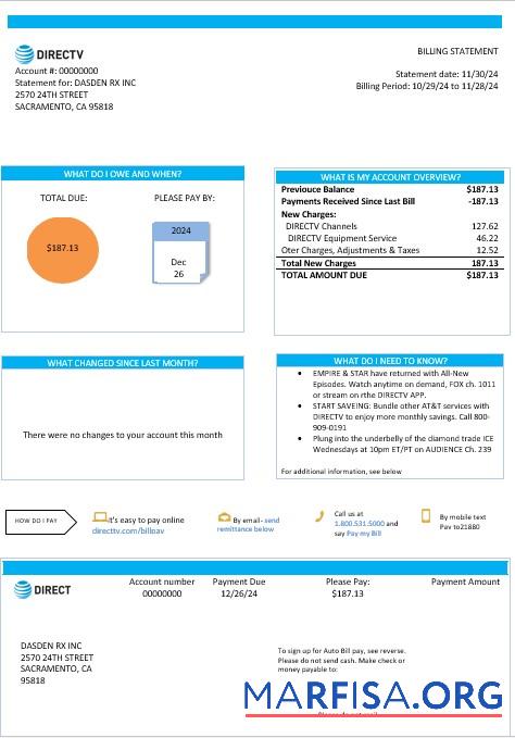 Realistic USA California Directv business utility bill template in Word and PDF formats, good for address prove